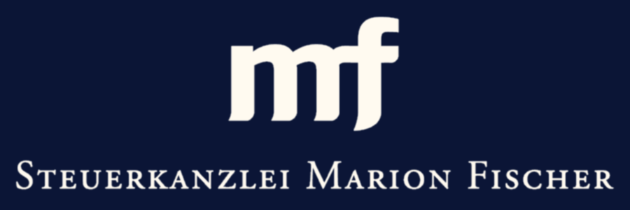 Logo Steuerkanzlei Marion Fischer weisse Schrift auf dunkelblauem Hintergrund