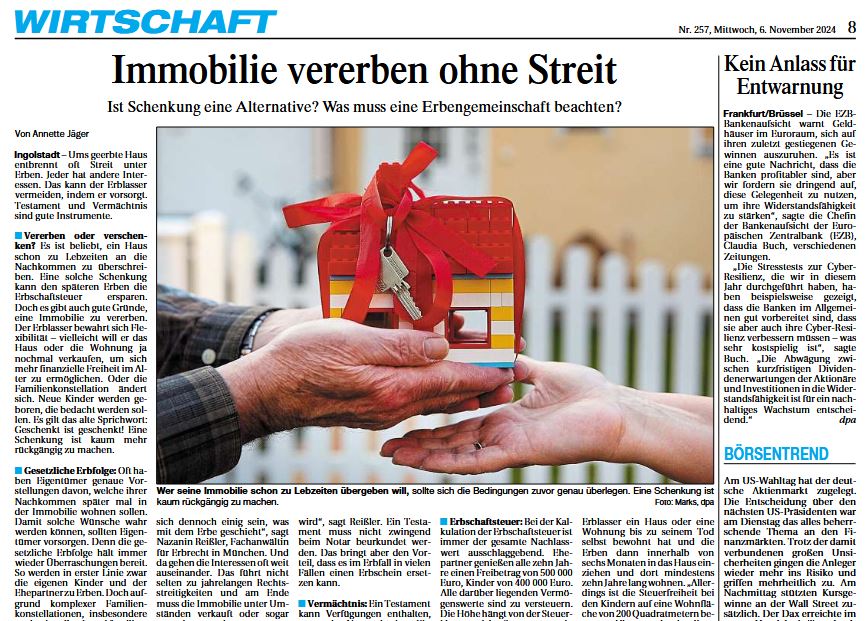 Vorschau eines PDF Zeitungsartikels zum Thema Erbrecht Vermögensnachfolge Fachanwaltskanzlei München