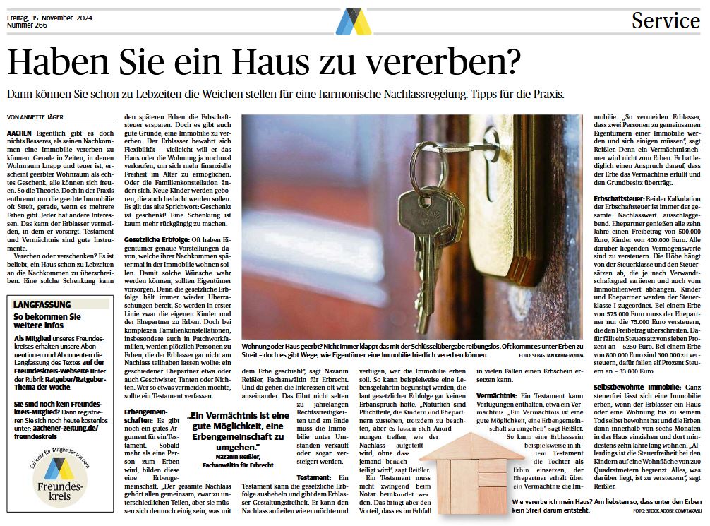 Vorschau eines PDF Zeitungsartikels zum Thema Erbrecht Vermögensnachfolge Fachanwaltskanzlei München